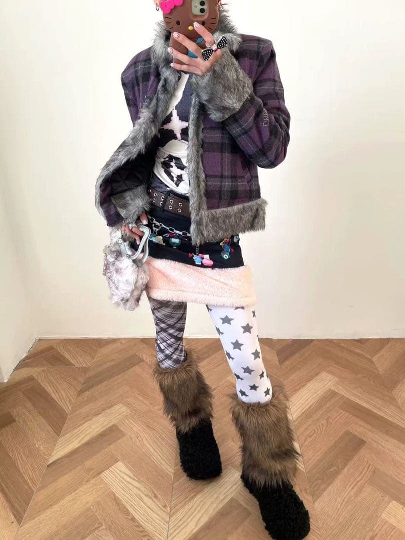 逃跑乐园loveplayshop y2kチェック柄星　タイツ　ブラック