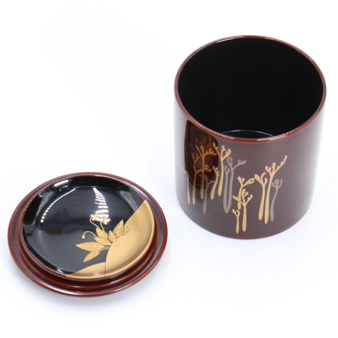 竹内幸斎作 蕨蒔絵 金輪寺 茶器 溜塗 共箱 茶道具　C42
