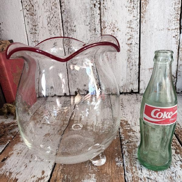 ヴィンテージ ビードロ 吹き硝子 フリル ガラス 三脚 金魚鉢 めだか鉢 気泡