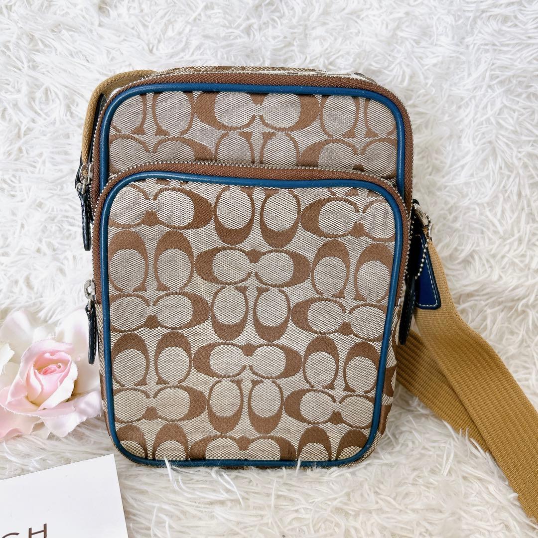 美品✨COACH コーチ シグネチャー 多収納 ショルダーバッグ ブルー