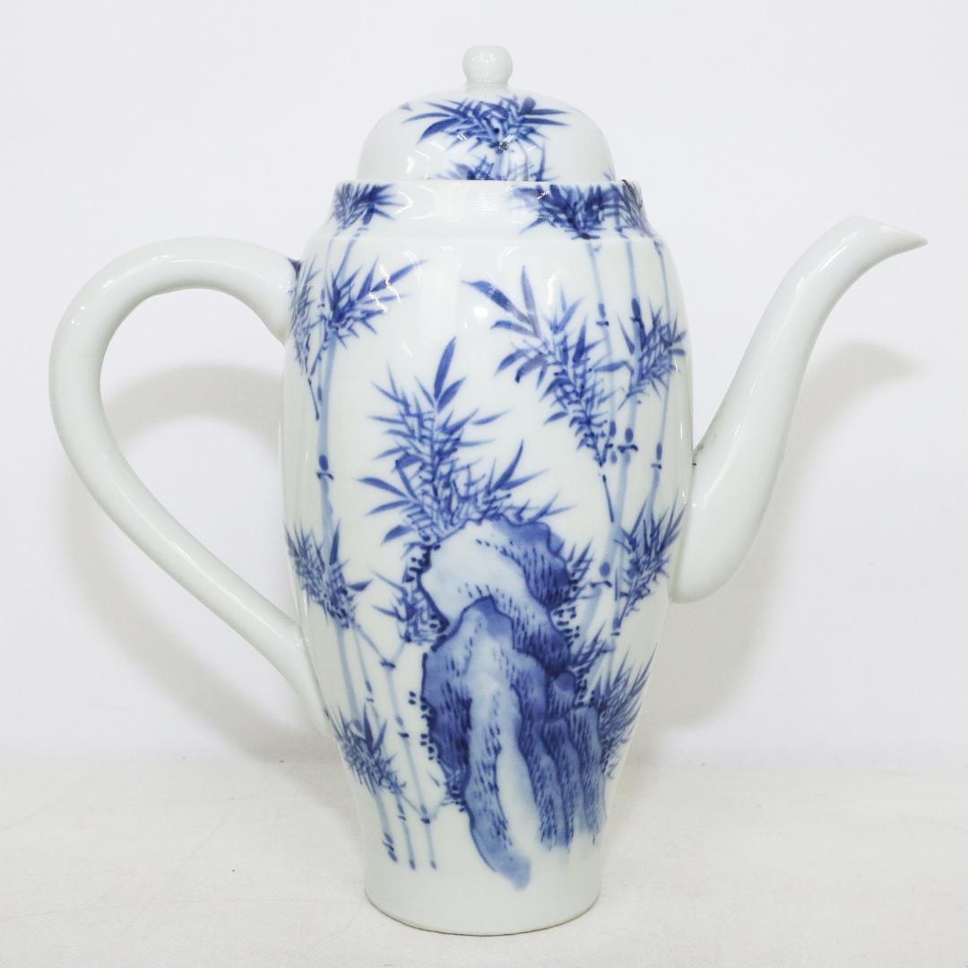 平安春峰造 青華竹笹文 水注 煎茶道具 金継有り