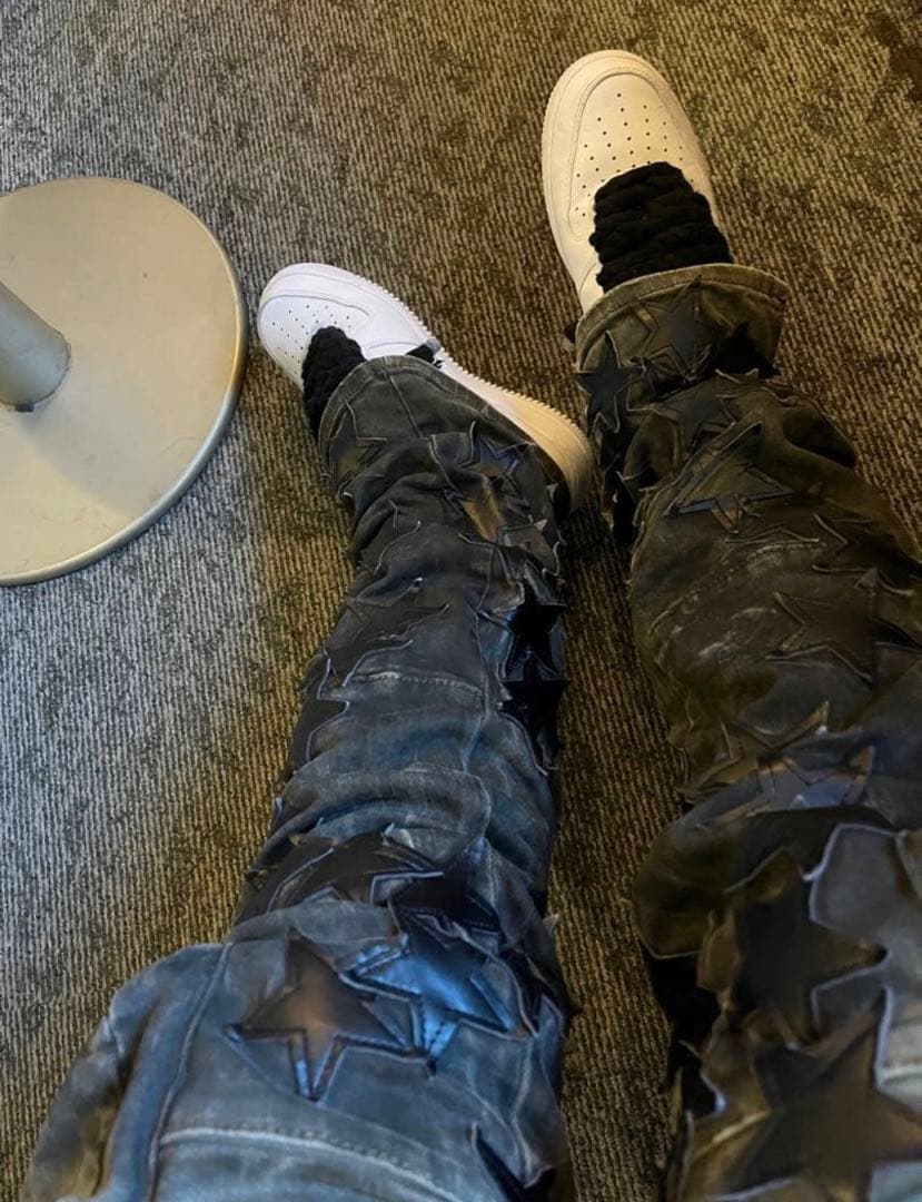 15000円2回のみ着用mnmlフレアカーゴパンツ 星型刺繍 オリーブグリーン