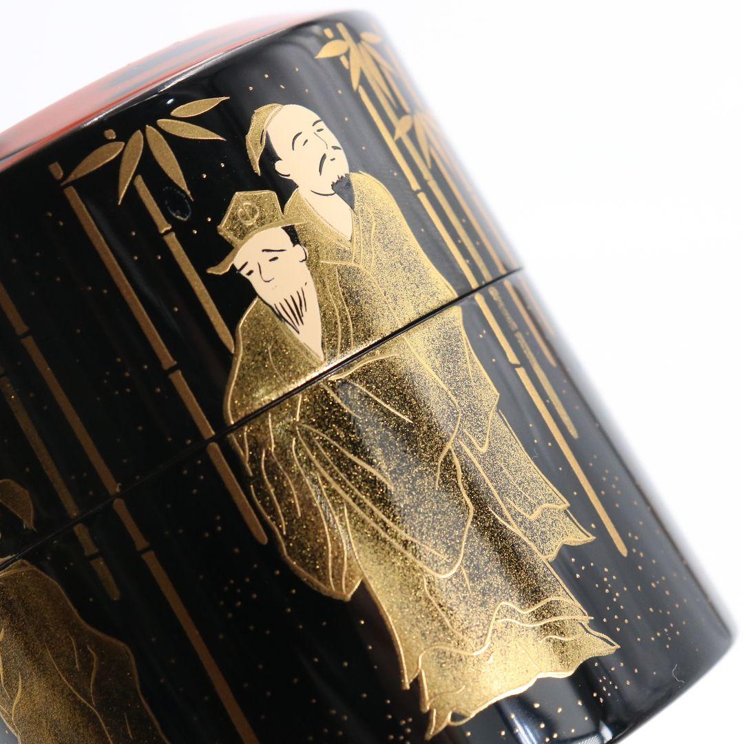 吉田祥雲作 七賢人蒔絵 面根来 薄茶器 茶道具 共箱　M991
