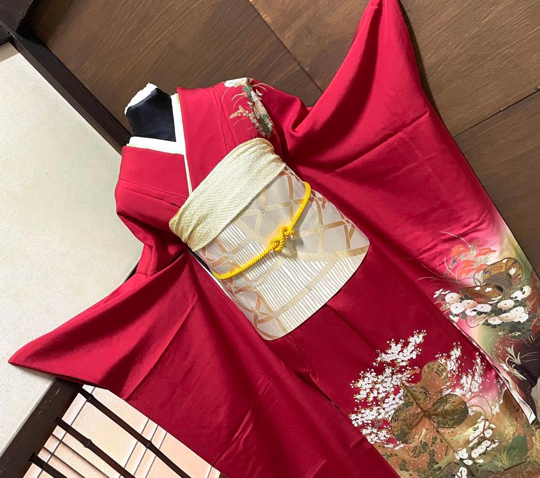 振袖フルセット6点サイズM〜Ｌ糸巻き花文　暈し染め　金彩　正絹