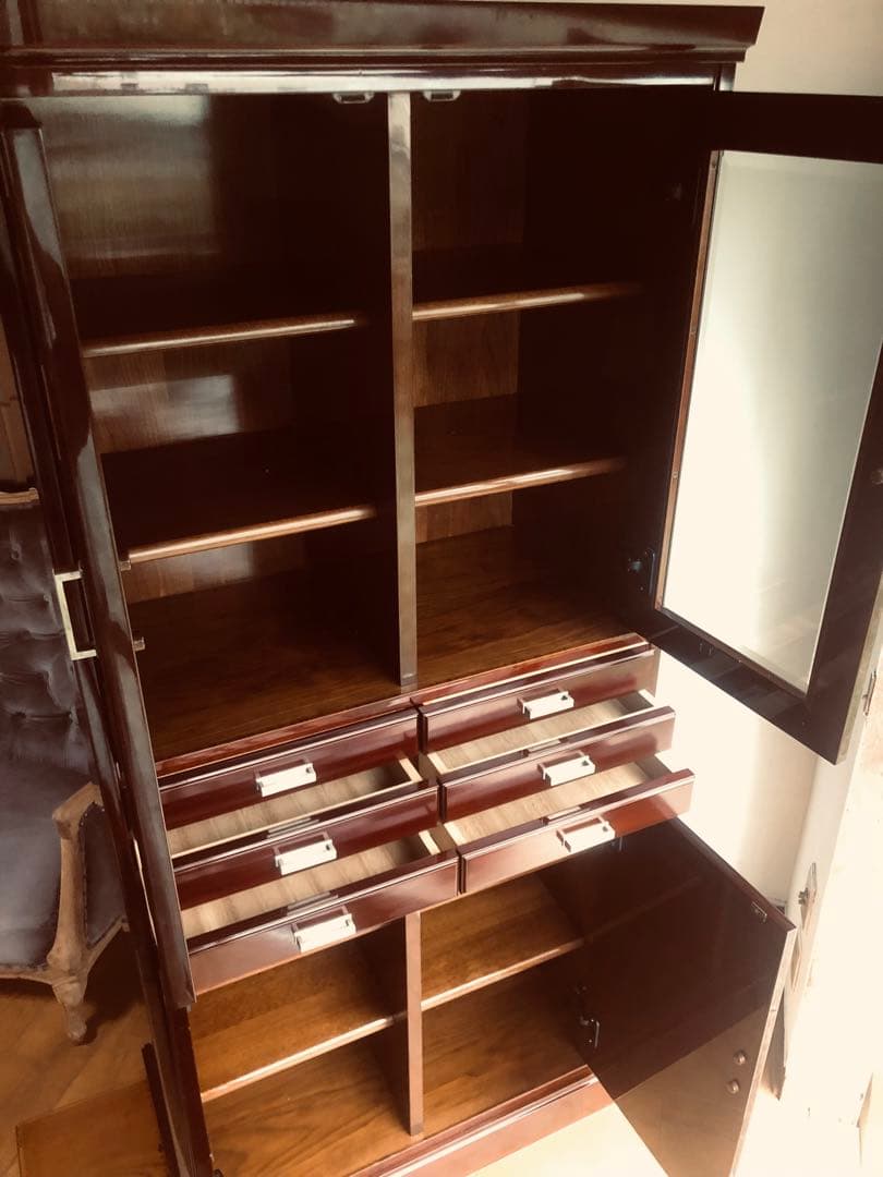 希少品 YAMAHA 昭和モダンキャビネット 蒔絵風意匠・ガラス戸 木製収納家具