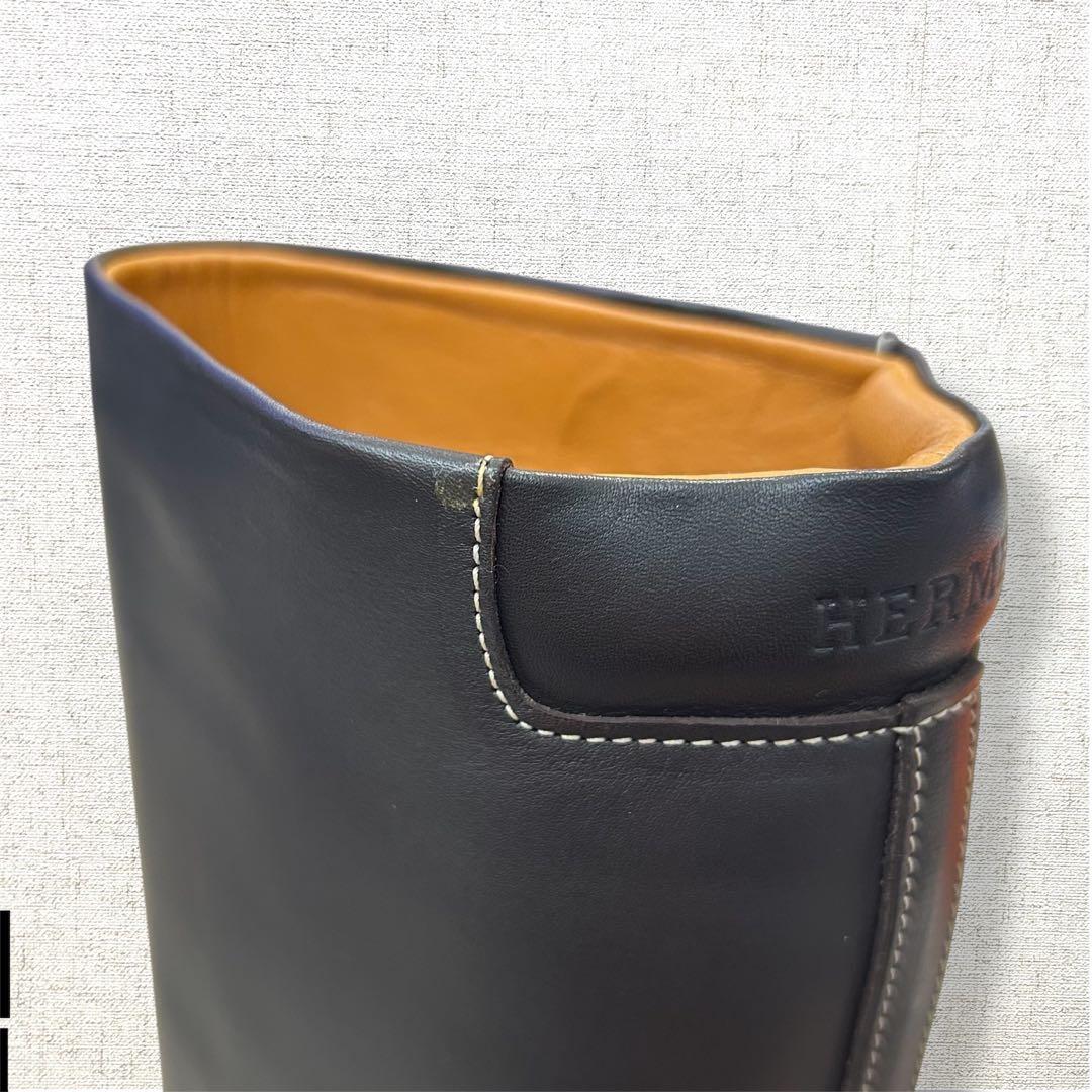 未使用級　ロゴ刻印　HERMES ロングブーツ　レインブーツ　オールレザー　37