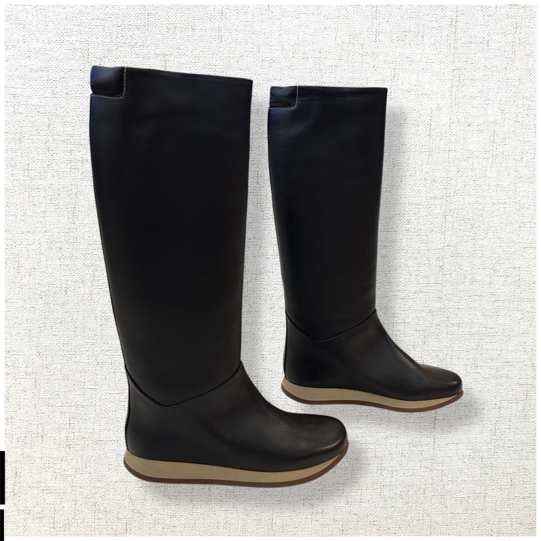 未使用級　ロゴ刻印　HERMES ロングブーツ　レインブーツ　オールレザー　37