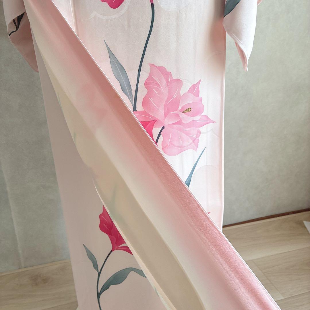 訪問着　フルセット　着物　正絹　ピンク　鮮やか華　百合　しつけ糸付き　J10