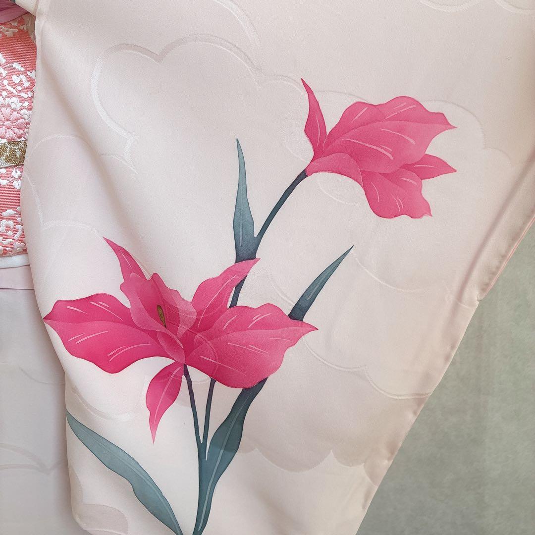 訪問着　フルセット　着物　正絹　ピンク　鮮やか華　百合　しつけ糸付き　J10