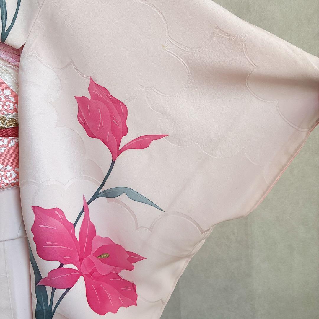 訪問着　フルセット　着物　正絹　ピンク　鮮やか華　百合　しつけ糸付き　J10
