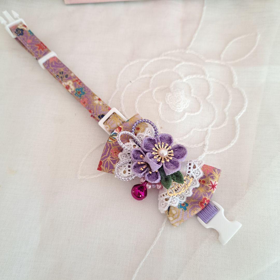 つまみ細工シングルリボン(薄紫)わんちゃん猫ちゃん用首輪