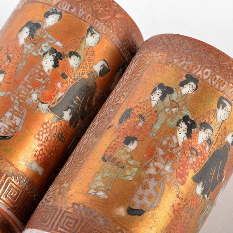 九谷焼　古九谷　日本村顕　色絵金彩　山水人物文　茶巾筒　一對　F　R6033