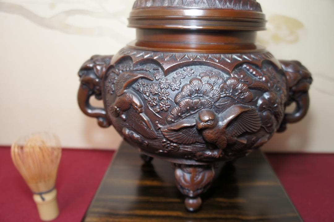 専用★美品 高岡銅器 瑞峰作 新特大 花鳥 高級銅製香炉工芸作家造 送料込み