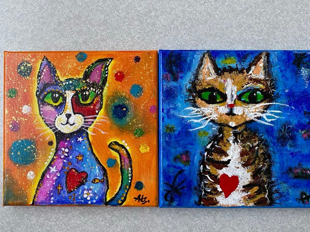 SORA様オーダーおまとめ　猫の絵2点額付き　抽象画　アクリル画　インテリア