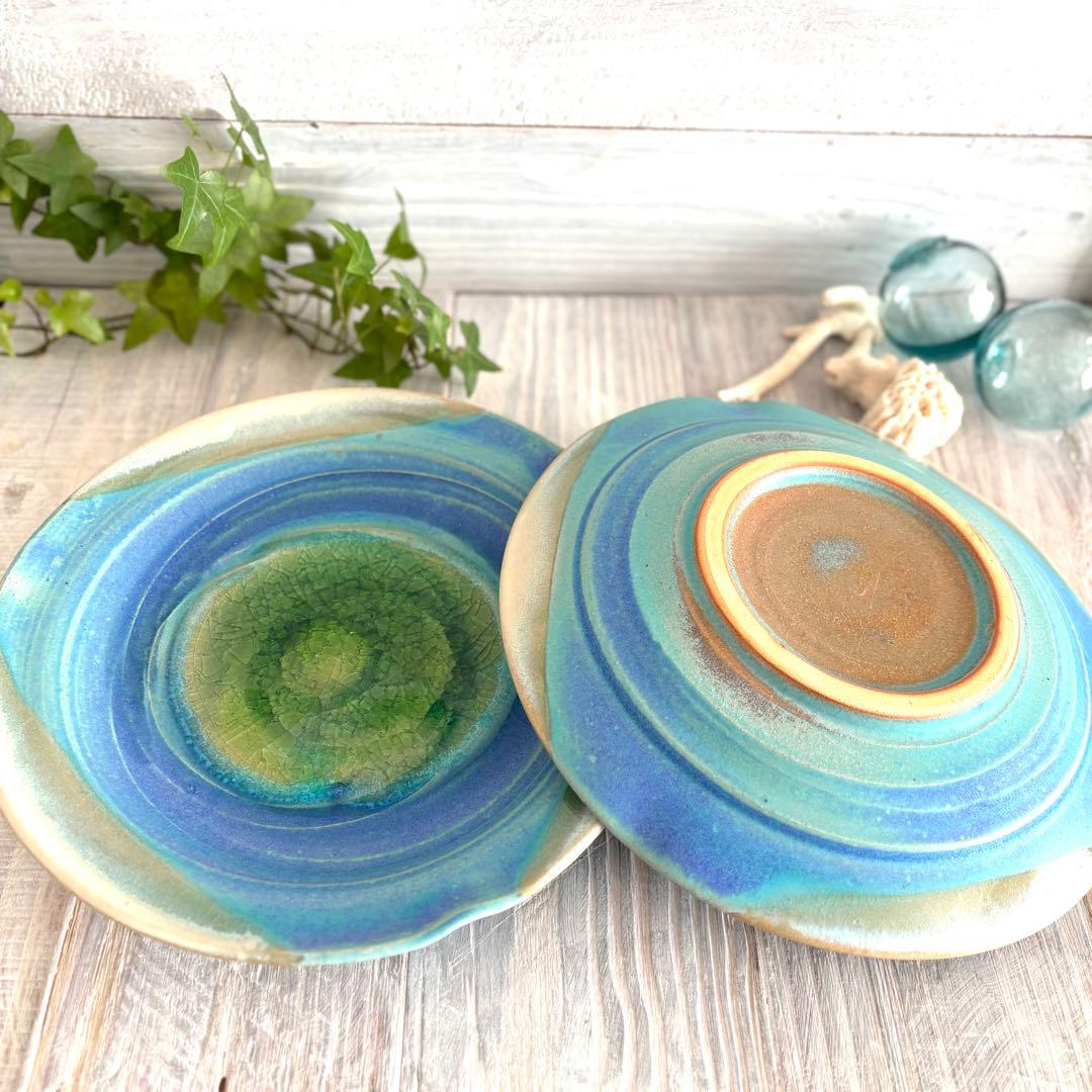 碧 フラワープレート パスタ皿 ターコイズ トルコブルー 2枚セット 益子焼