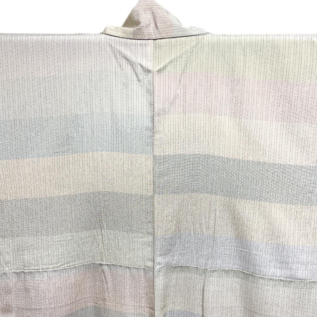 小紋　紬　単衣　横縞　くすみパステル　カラー　お洒落　着物　123b d ms