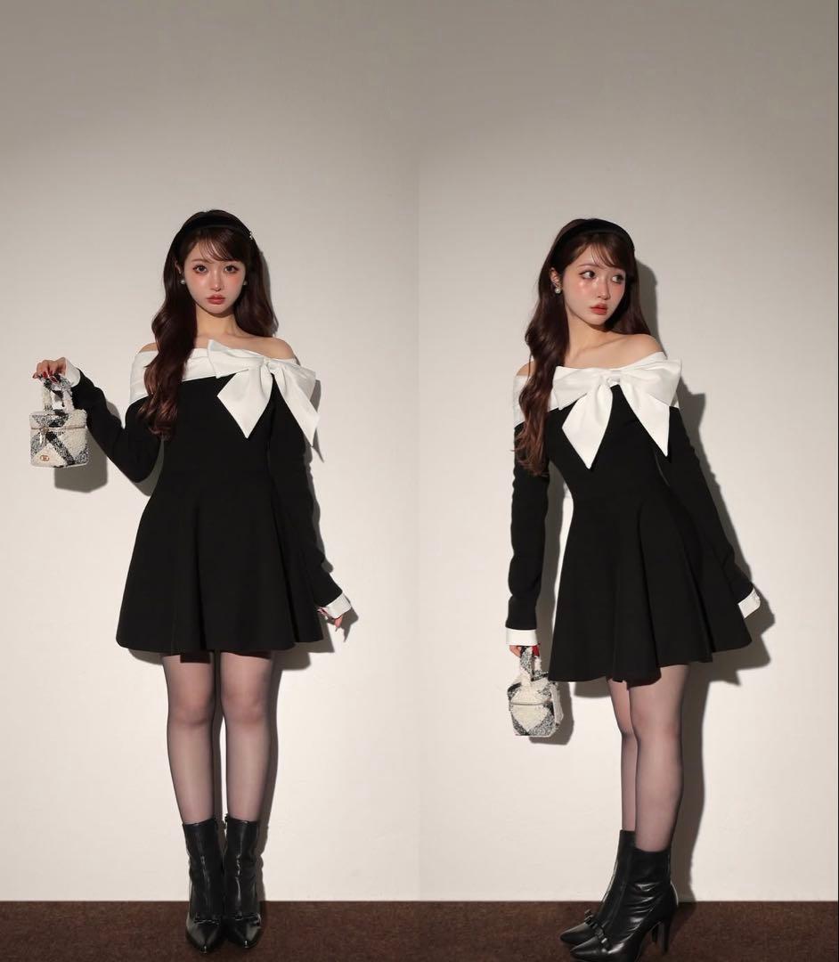 Mmeeme オフショルダーリボン付きミニワンピース