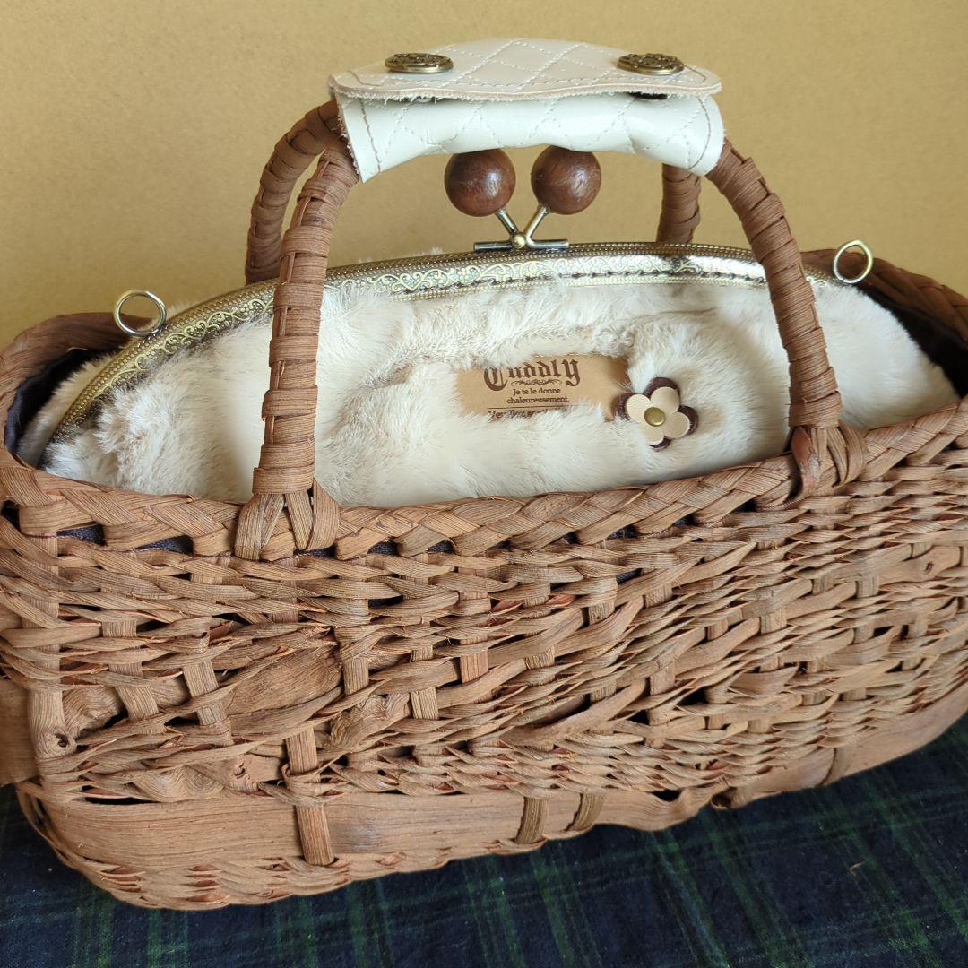●チャコ籠用ミナペルホネン風鳥花がま口あけび山葡萄かごバッグフェイクファー