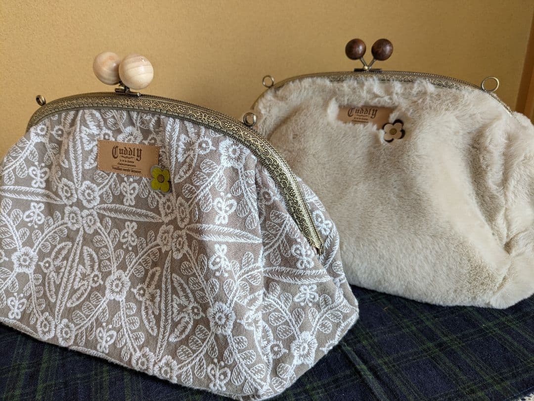 ●チャコ籠用ミナペルホネン風鳥花がま口あけび山葡萄かごバッグフェイクファー