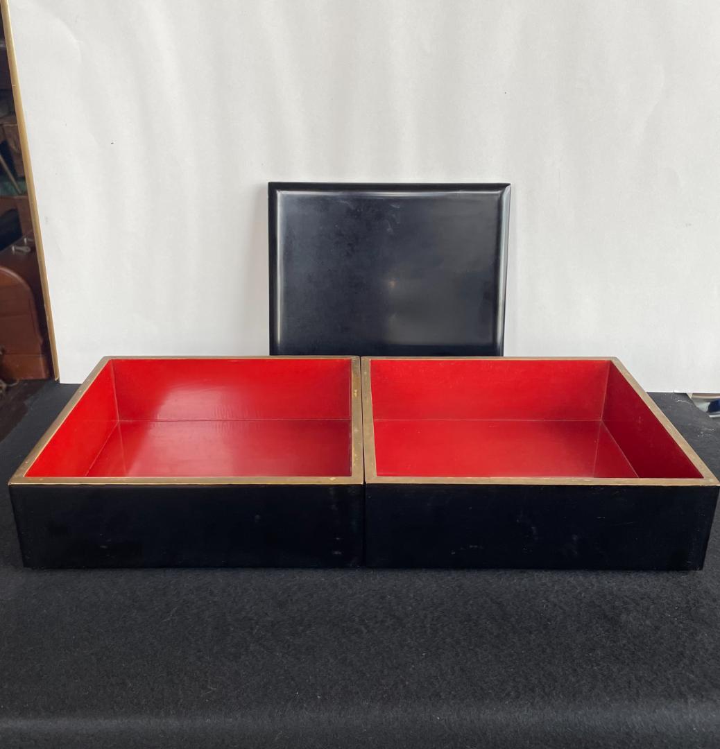 天然木 溜無地 五段重 蓋二枚 内朱塗 重箱 木箱入 木製 漆器 漆芸 骨董