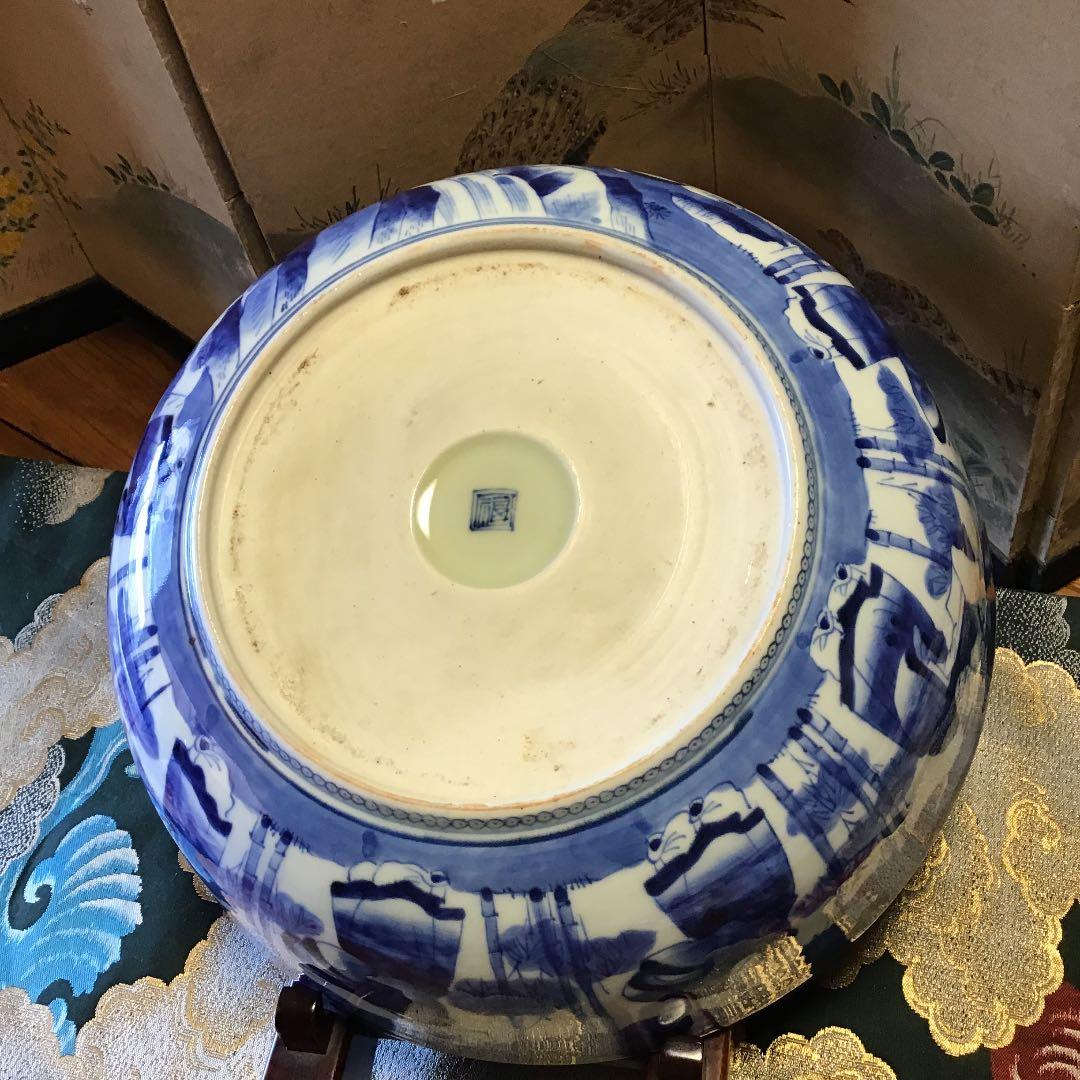 921古伊万里　染付　鳳凰に雲龍　竹林七賢人紋様　『角福』銘　大鉢　1客