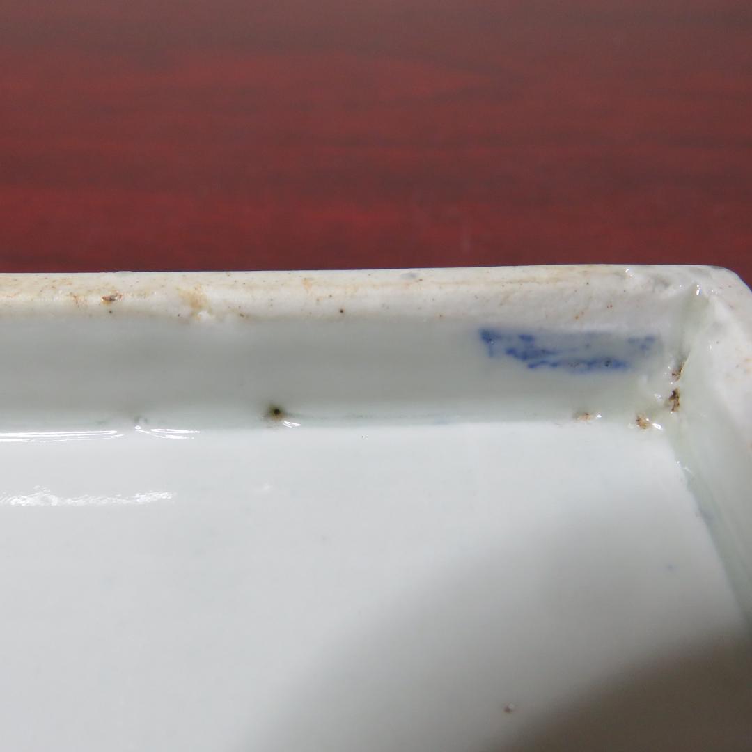 角皿 角長皿 印判 染付 微塵唐草 明治 大正 ベロ藍 松竹梅 窯傷