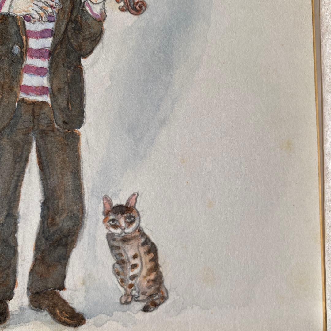 小西保文　色紙　「街のミュージシャン」 水彩画