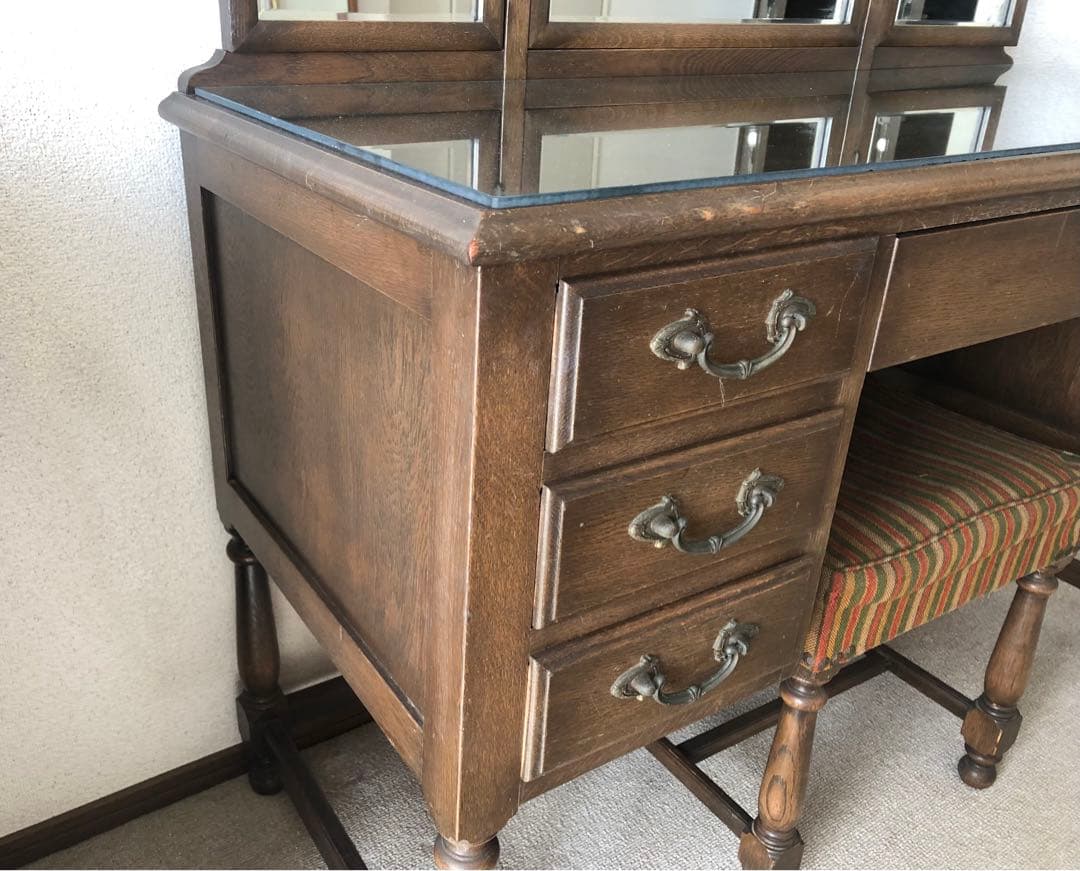 三面鏡 ドレッサー　鏡台　化粧台　ナラ材　天然木　ガラス天板　ヴィンテージ