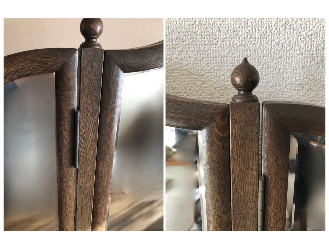 三面鏡 ドレッサー　鏡台　化粧台　ナラ材　天然木　ガラス天板　ヴィンテージ