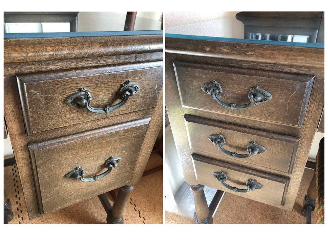 三面鏡 ドレッサー　鏡台　化粧台　ナラ材　天然木　ガラス天板　ヴィンテージ