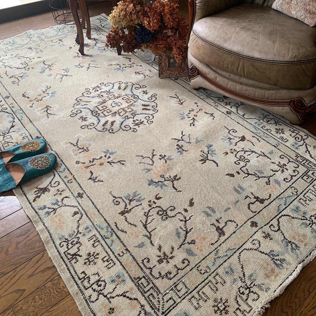 シノワズリ218×117 トルコヴィンテージラグ　ベージュ　オレンジ　トルコラグ