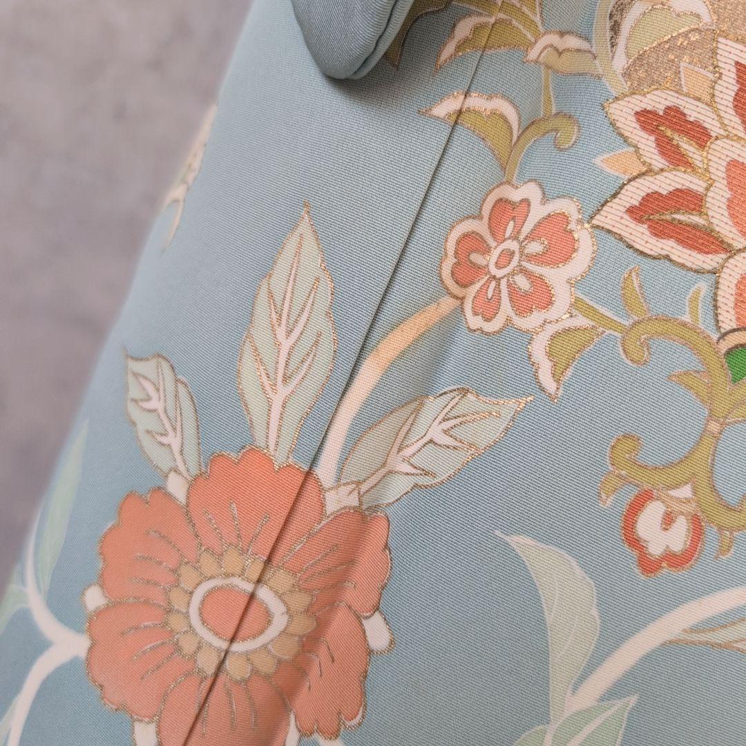 訪問着　フルセット　着物　正絹　淡い青緑　金彩加工　洋花　優美　爽やか　B2