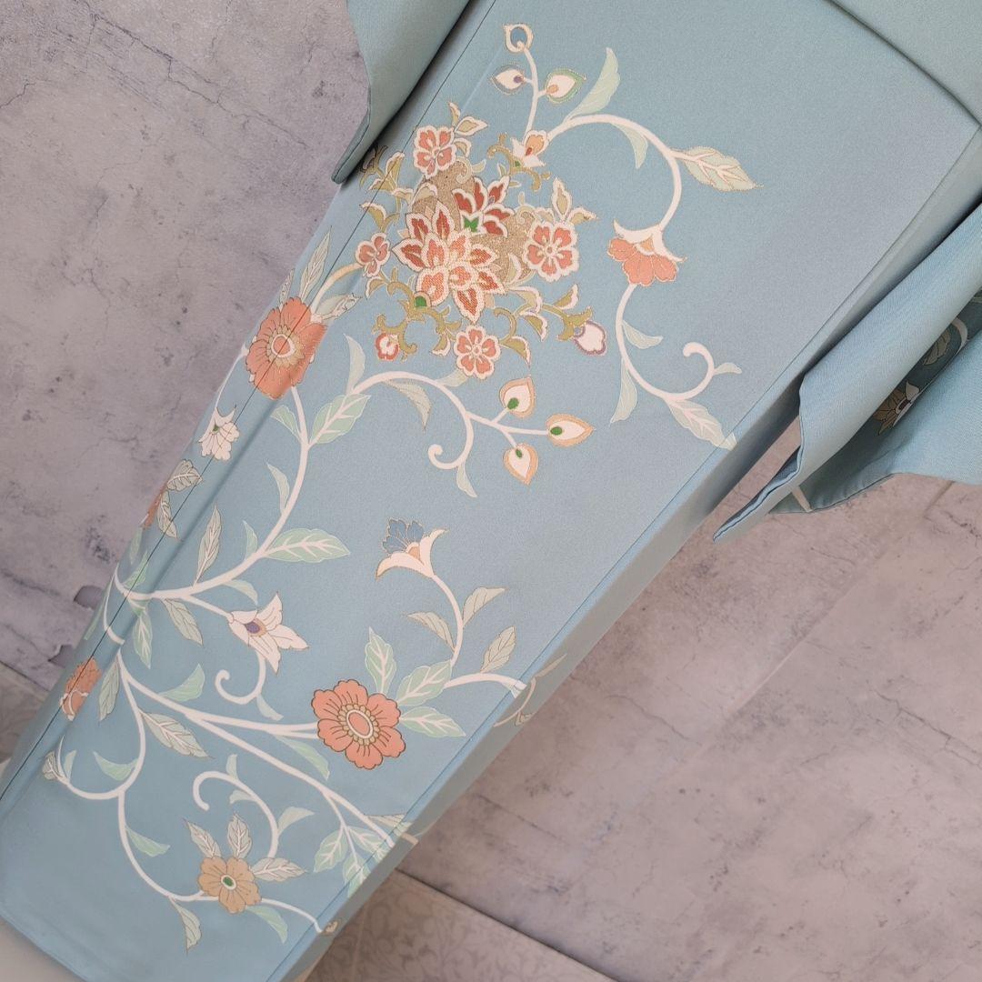 訪問着　フルセット　着物　正絹　淡い青緑　金彩加工　洋花　優美　爽やか　B2