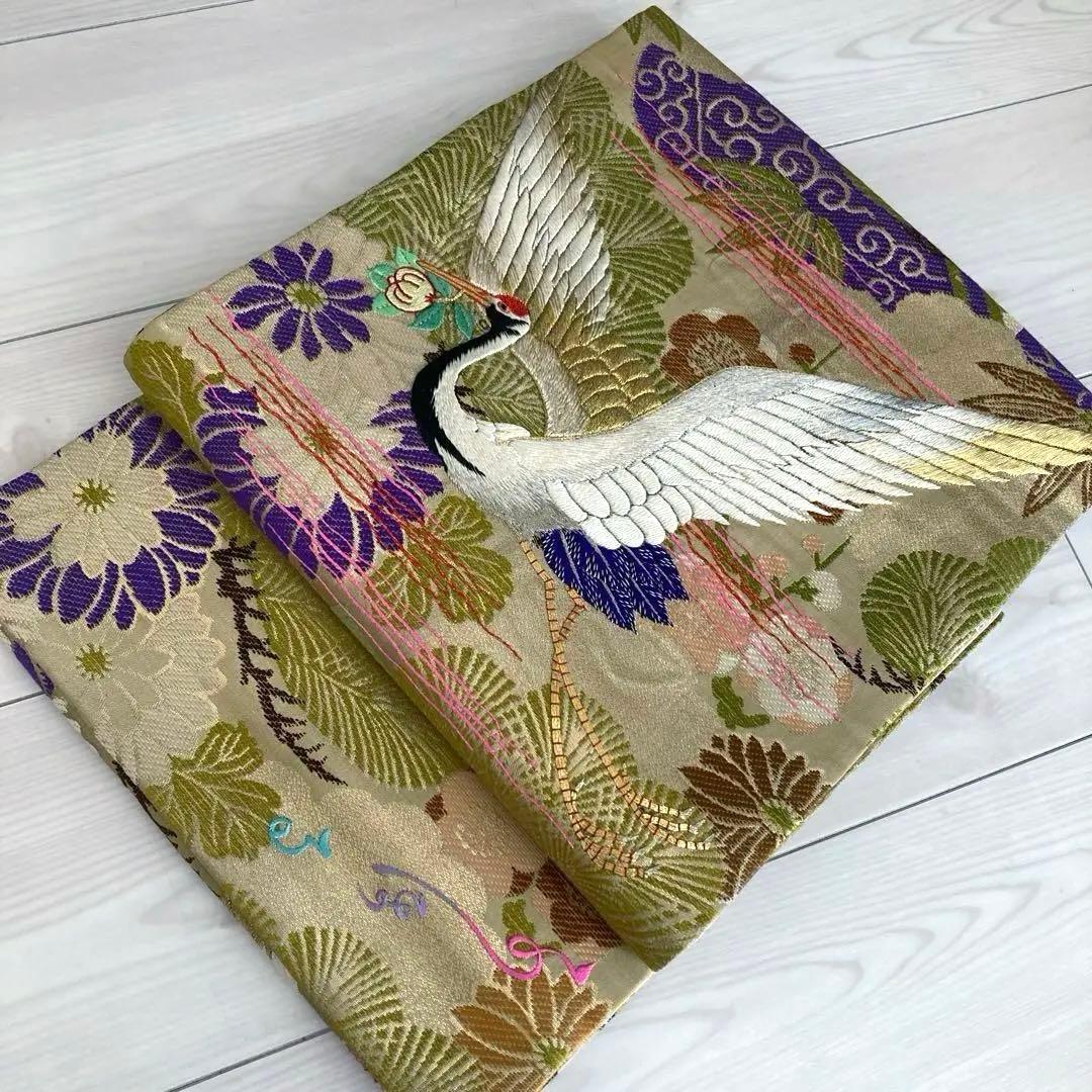 アンティーク名古屋帯　鶴の刺繍　金駒刺繍　上質　正絹　No.2-24