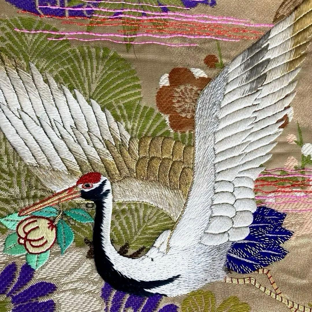 アンティーク名古屋帯　鶴の刺繍　金駒刺繍　上質　正絹　No.2-24