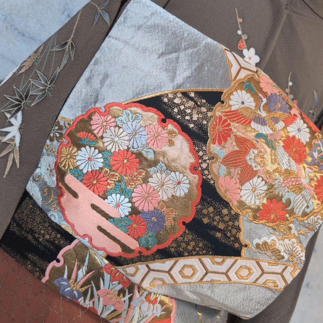 訪問着　フルセット　着物　正絹　ブラウン橙　金駒刺繍　花　O6