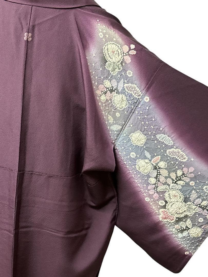 A35美品作家物落款 【華麗に花咲く辻ヶ花】訪問着　絞り　半衿付き正絹暈し茄子紫