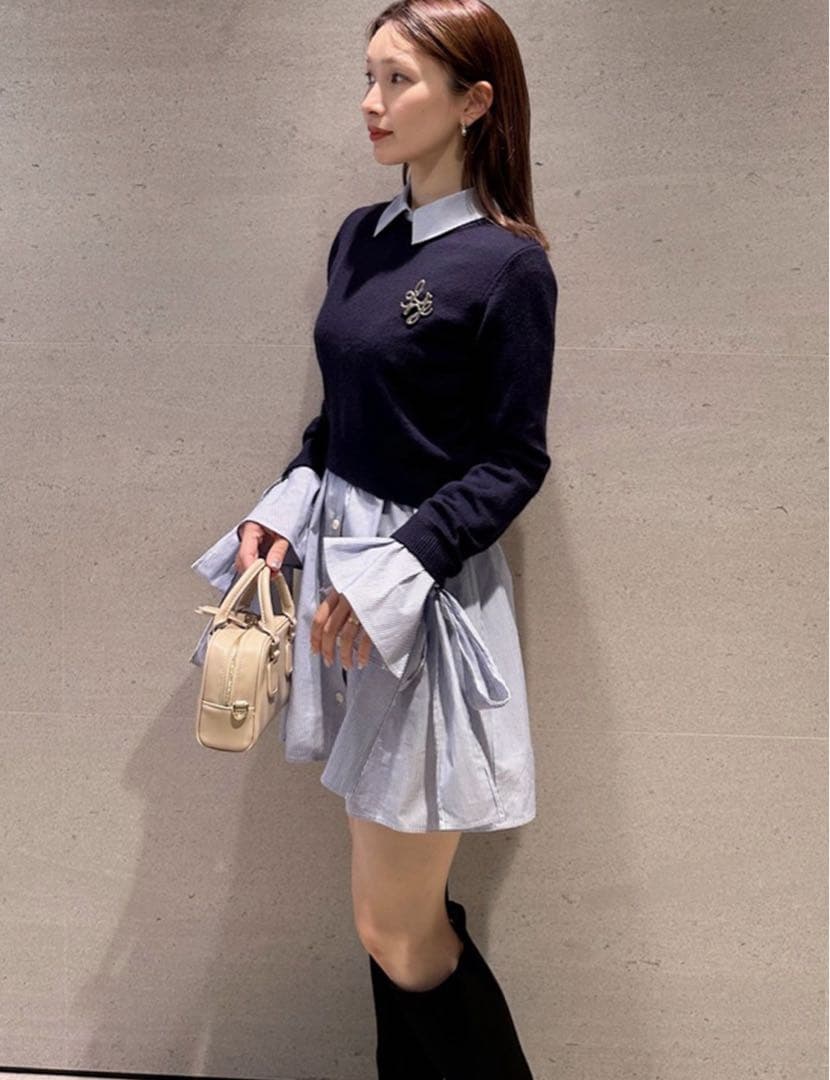 snidel スナイデル ニットセットブローチ付きミニシャツワンピース