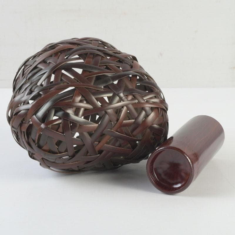 茶道具　竹峰造　古竹細工　鳳尾竹　掛花籠　竹籠　共箱　V　9784