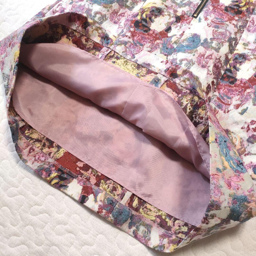 極美品✨ルルウィルビー　ジャガード織りひざ丈ワンピース　パフスリーブ　ピンク　1