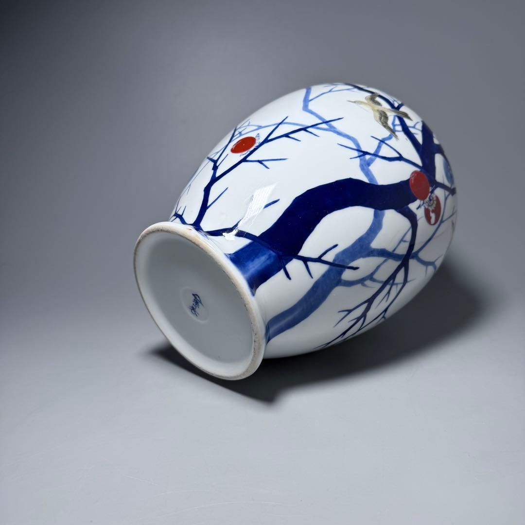 オールド深川製磁　錦手　柿鳥図花瓶　高さ24cm　オブジェ　インテリア