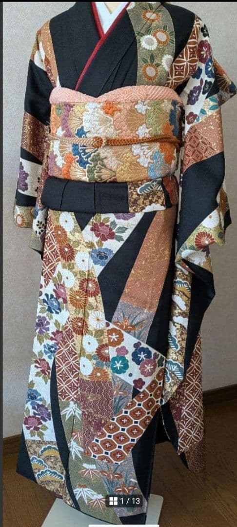 振袖　セット　正絹　成人式　古典柄　黒　長襦袢　袋帯