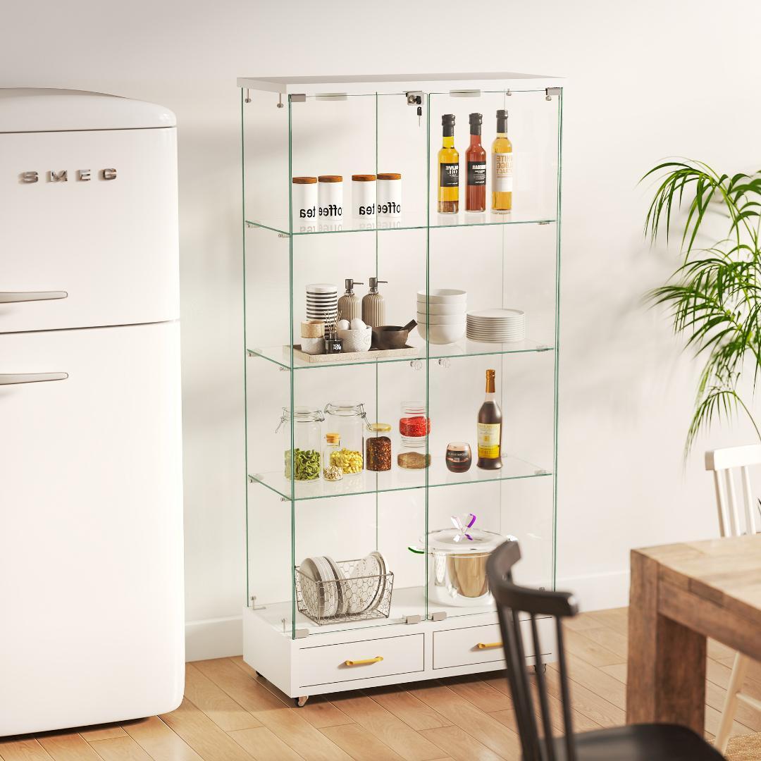 【ホワイト】 LED照明・引出し付 ガラス収納キャビネット4段 両開ドア