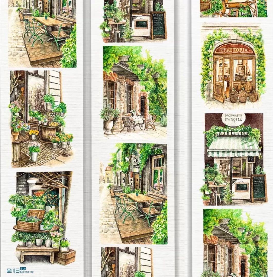 【8896】海外　マステ　3/5/巻　PETマスキングテープ　お店　街景色　植物
