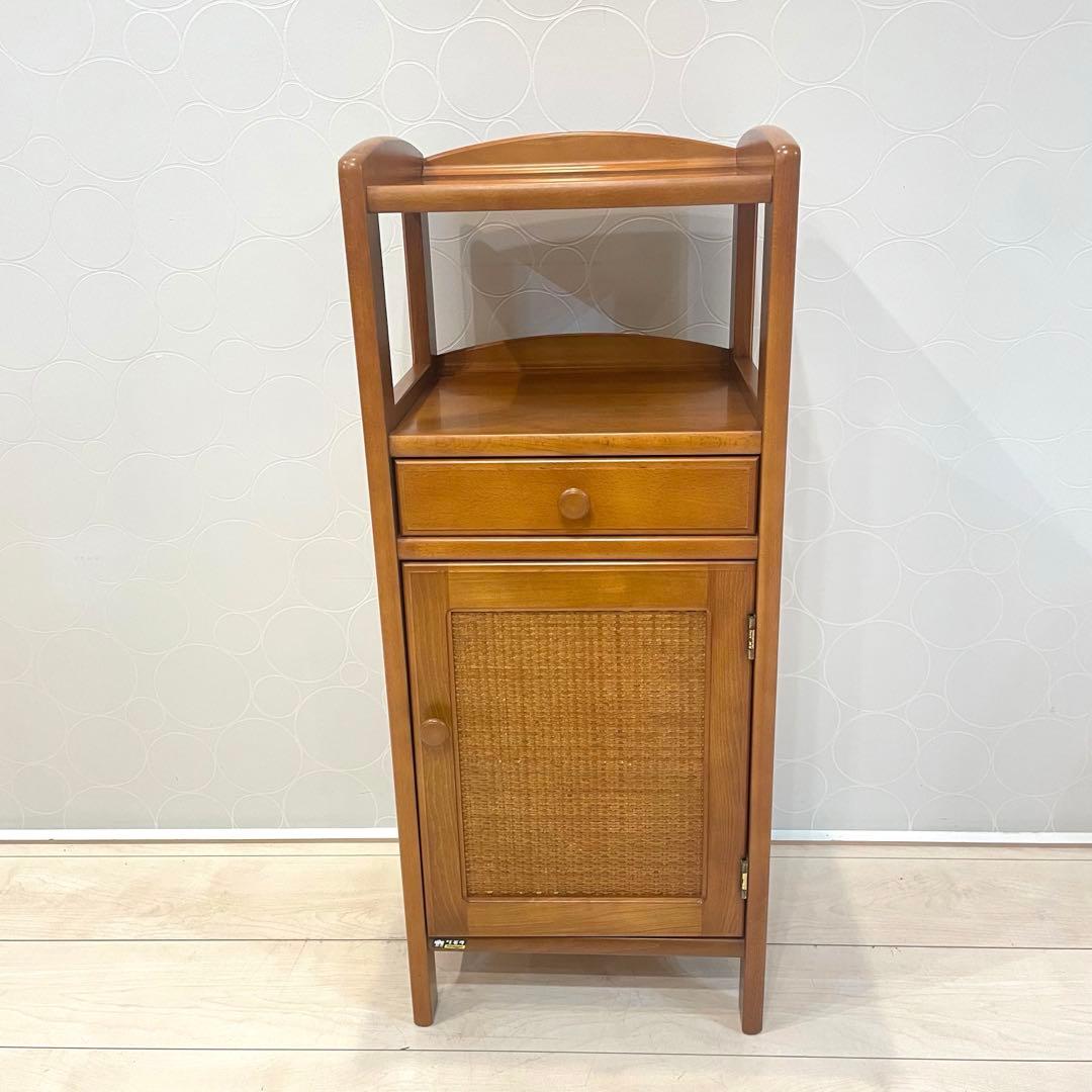 【オールドカリモク】 ラタン 電話台 チェスト 籐扉 レトロ 木製キャビネット