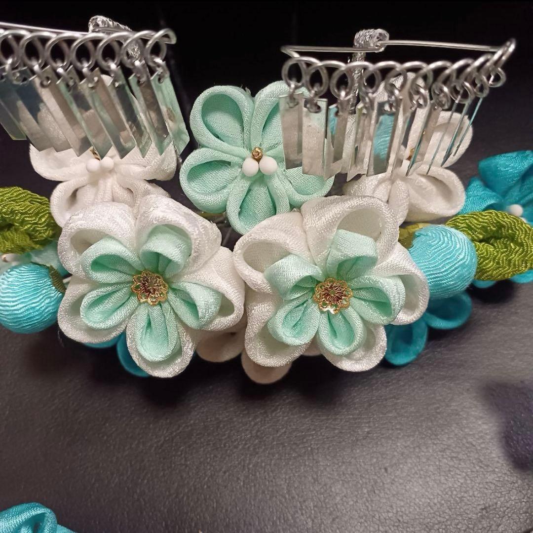 新品【七五三】髪飾り　勝山かんざし　簪　つまみ細工　水色系