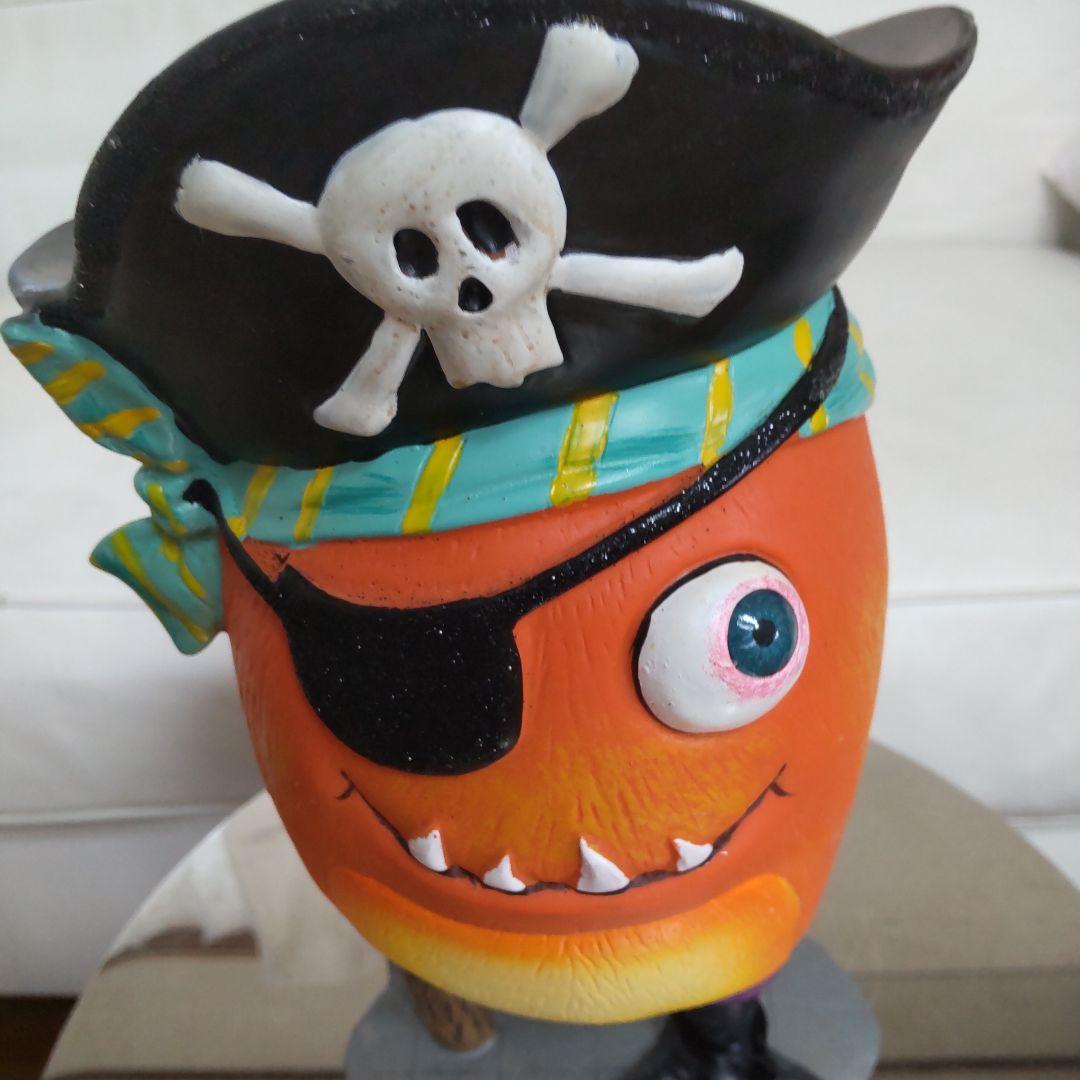 ハロウィン かぼちゃ 鳥 木製 船長 片目 片足 インテリア 置物 どくろ帽子