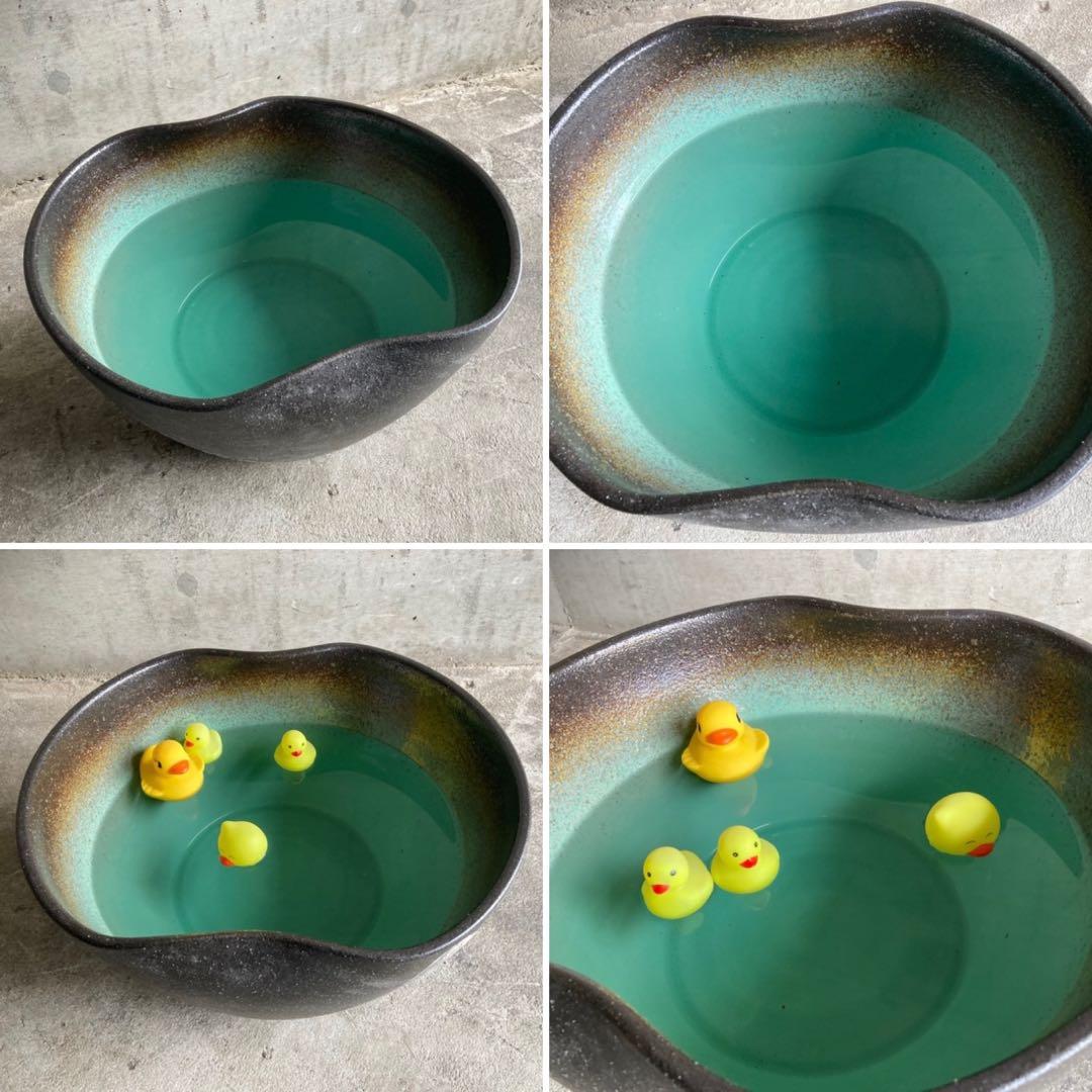 信楽焼 睡蓮鉢 めだか鉢 金魚 水鉢 植物 花器 大型 深鉢 緑色 和風 陶器