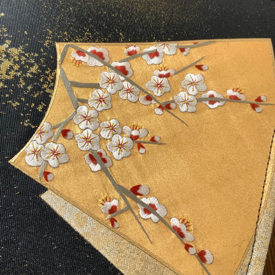 きらめく扇面に刺繍の白梅　袋帯　リメイク　バンブーハンドルバッグ　浅型マチ広め