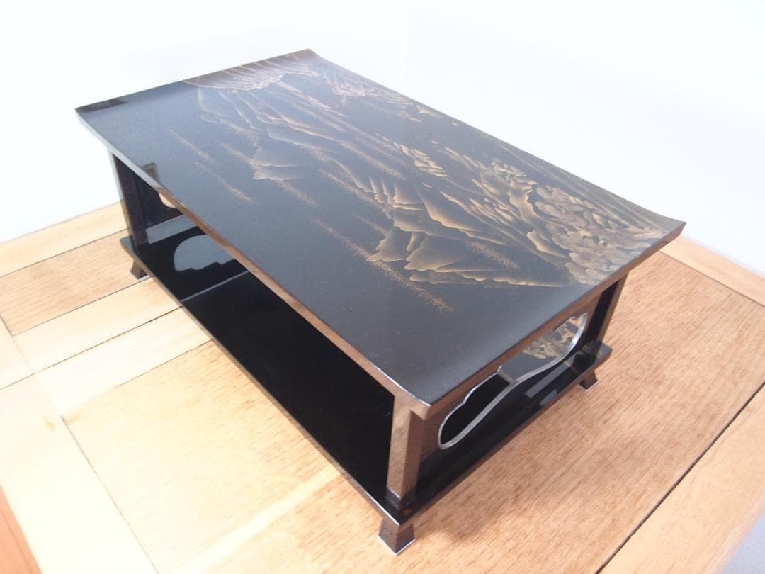 【骨董・時代の美品】大名道具 二段平卓 山水蒔絵 香炉台/盆栽台/飾り台/花台